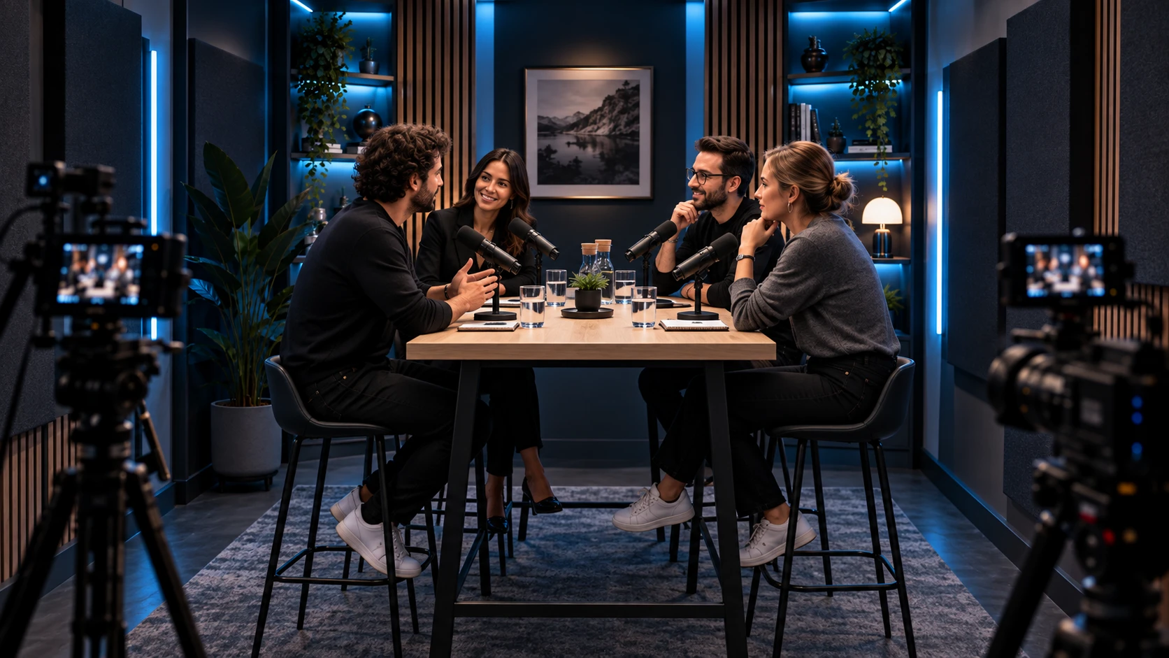 Enregistrement à quatre autour d'une table haute, filmé par plusieurs caméras